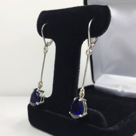 Beautiful 2" 6ctw Sapphire Earrings in Sterling Silver Lab Grown Sapphires - Picture 2 of 8